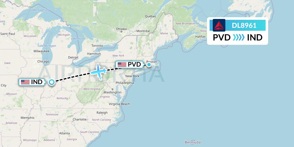 DL8961 Delta Air Lines Flight Map: Providence to Indianapolis