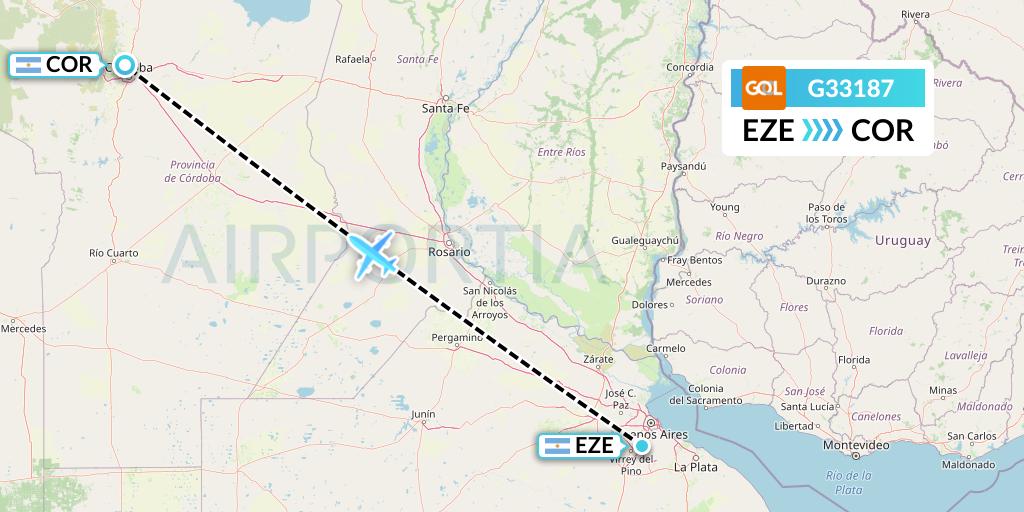 G33187 GOL Transportes Aeros Flight Map: Buenos Aires to Cordoba