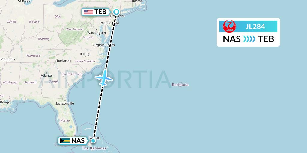 JL284 Japan Airlines Flight Map: Nassau to Teterboro