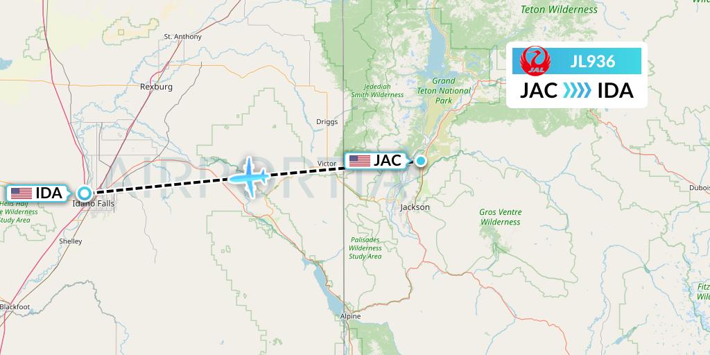 JL936 Japan Airlines Flight Map: Jackson to Idaho Falls