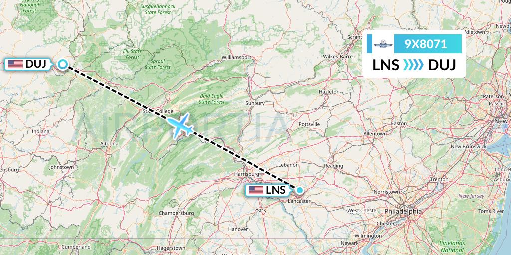 9X8071 Southern Airways Express Flight Map: Lancaster to Dubois