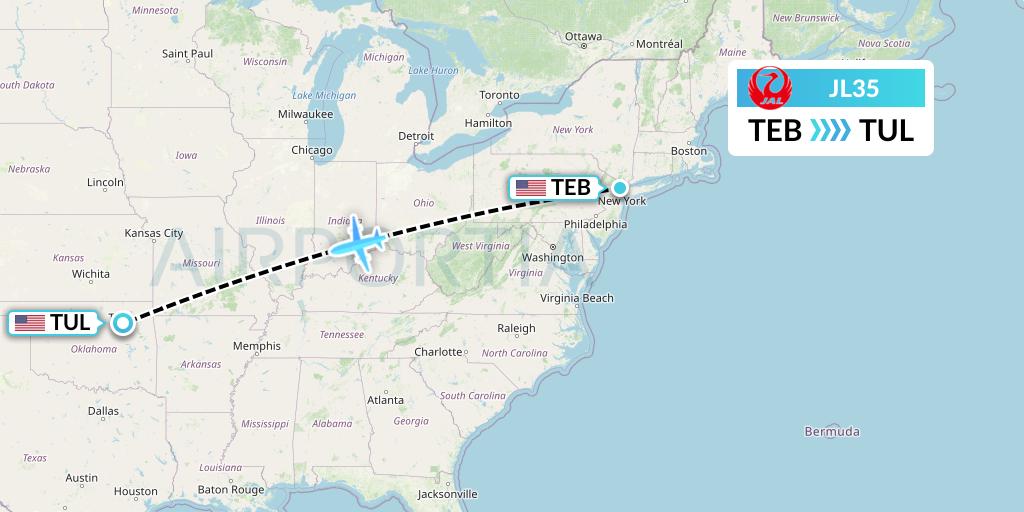 JL35 Japan Airlines Flight Map: Teterboro to Tulsa