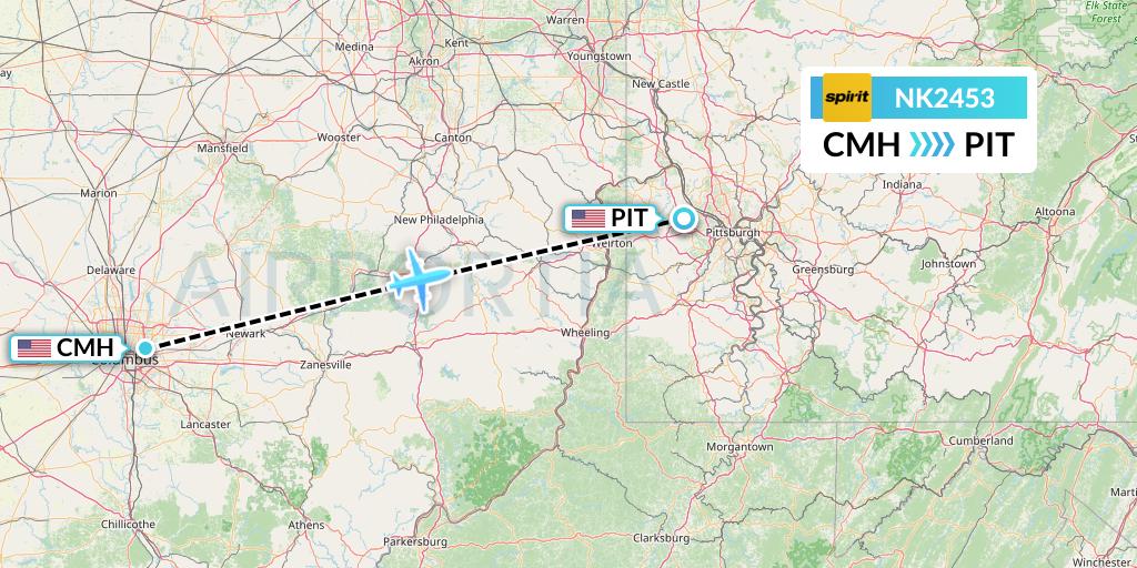 NK2453 Spirit Airlines Flight Map: Columbus to Pittsburgh