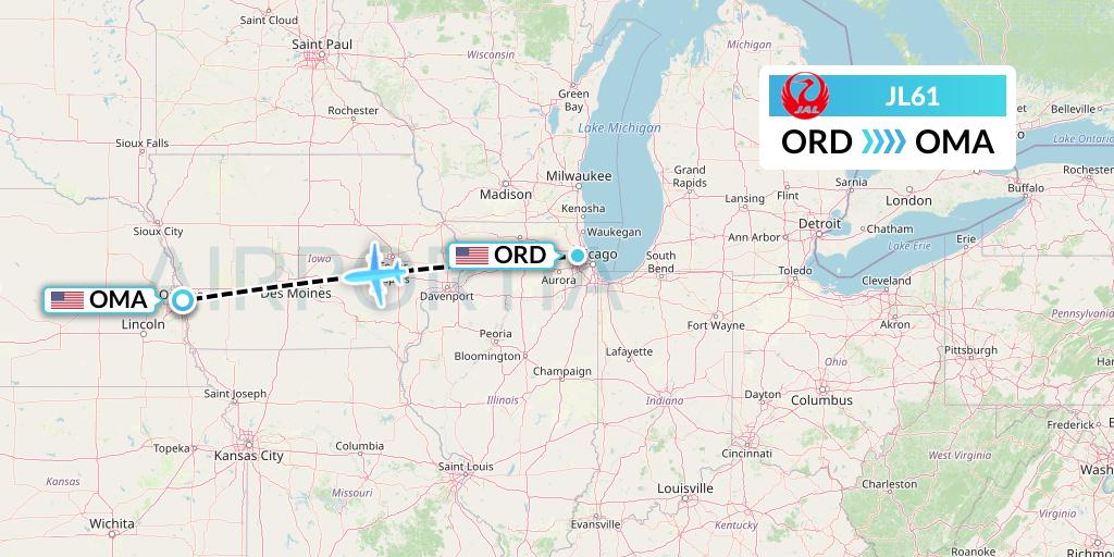 JL61 Japan Airlines Flight Map: Chicago to Omaha