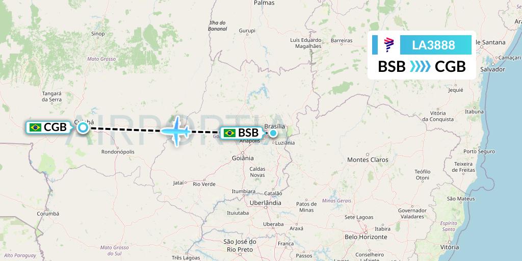 LA3888 LAN Airlines Flight Map: Brasilia to Cuiaba