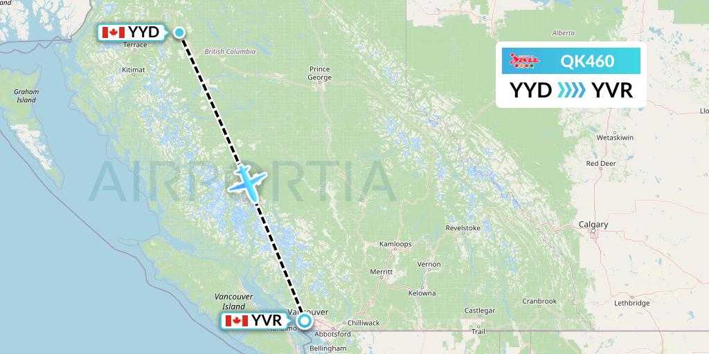 QK460 Jazz Air Flight Map: Smithers to Vancouver