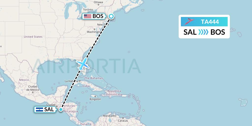 TA444 TACA Airlines Flight Map: San Salvador to Boston