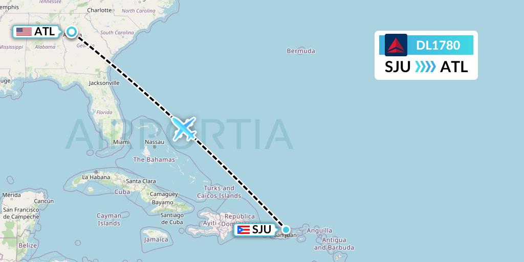 DL1780 Delta Air Lines Flight Map: San Juan to Atlanta