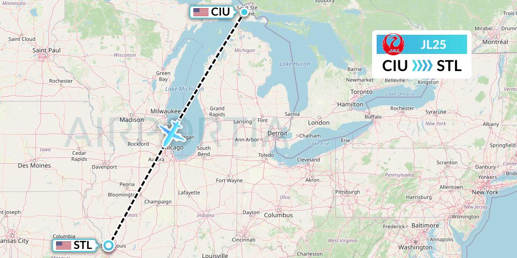 JL25 Japan Airlines Flight Map: Sault Sainte Marie to St. Louis