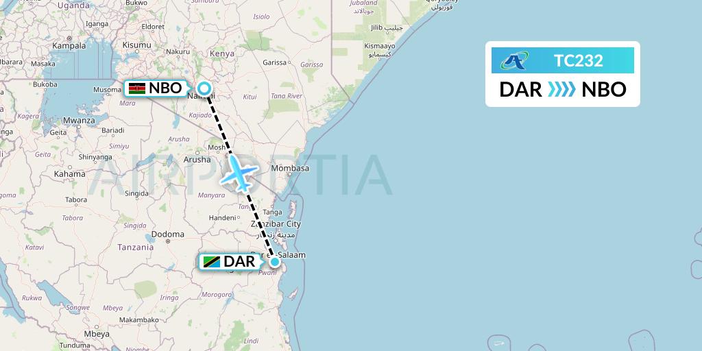 TC232 Air Tanzania Flight Map: Dar-es-Salaam to Nairobi