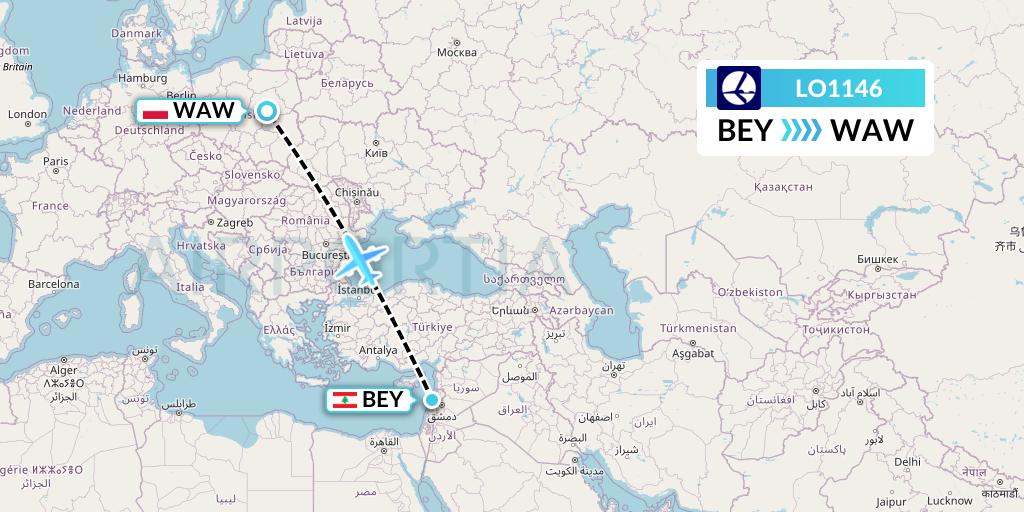 LO1146 LOT Flight Map: Beirut to Warsaw