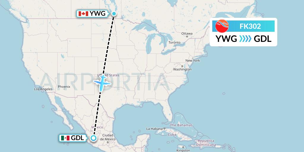 FK302 Kelowna Flightcraft Air Flight Map: Winnipeg to Guadalajara