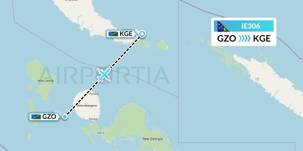IE306 Solomon Airlines Flight Map: Gizo to Kagau Island