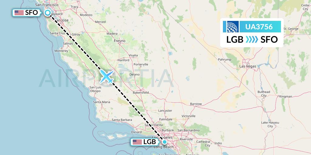 UA3756 United Airlines Flight Map: Long Beach to San Francisco