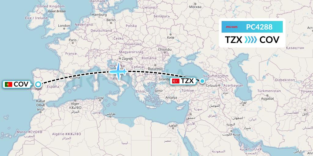 PC4288 Pegasus Airlines Flight Map: Trabzon to Portugal