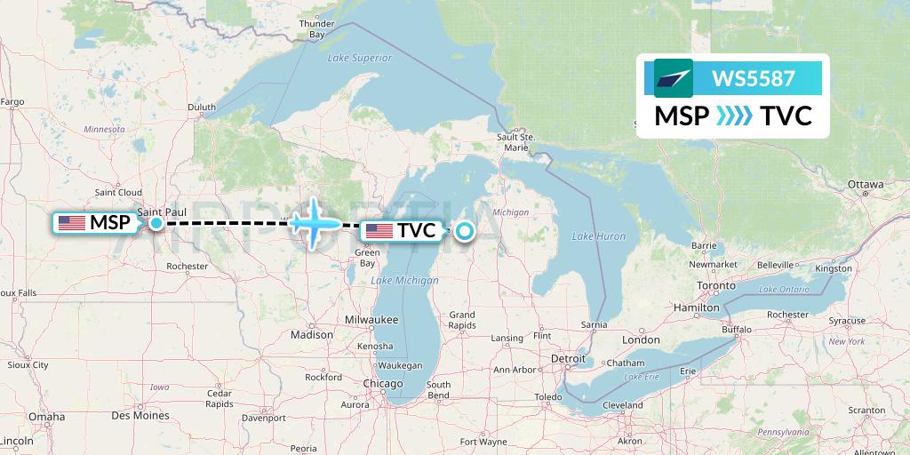 WS5587 WestJet Flight Map: Minneapolis to Traverse City