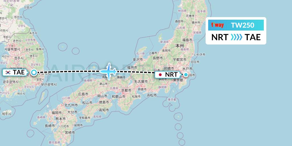 TW250 T'way Air Flight Map: Tokyo to Daegu
