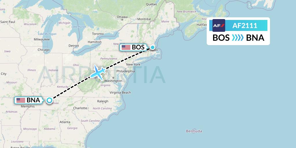 AF2111 Air France Flight Map: Boston to Nashville