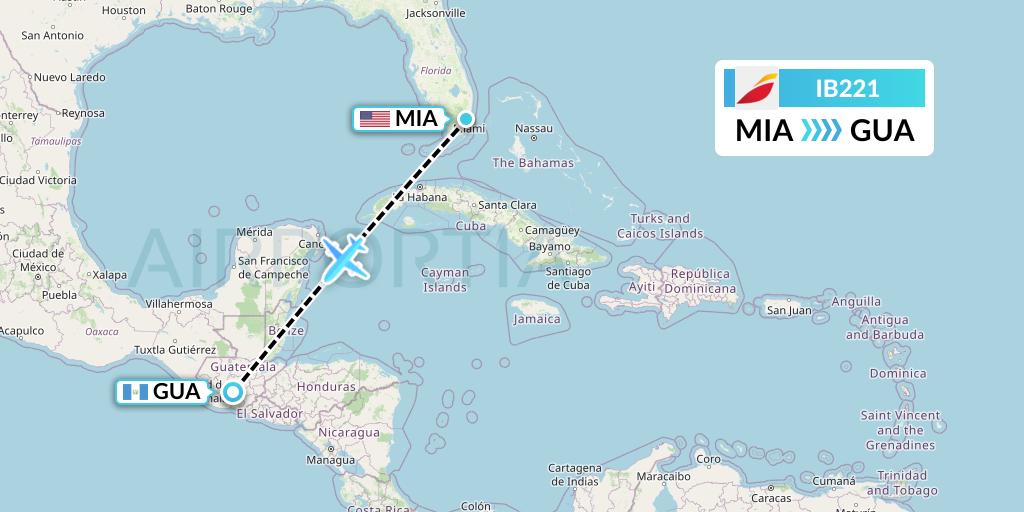 IB221 Iberia Flight Map: Miami to Guatemala City