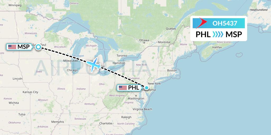 OH5437 PSA Airlines Flight Map: Philadelphia to Minneapolis