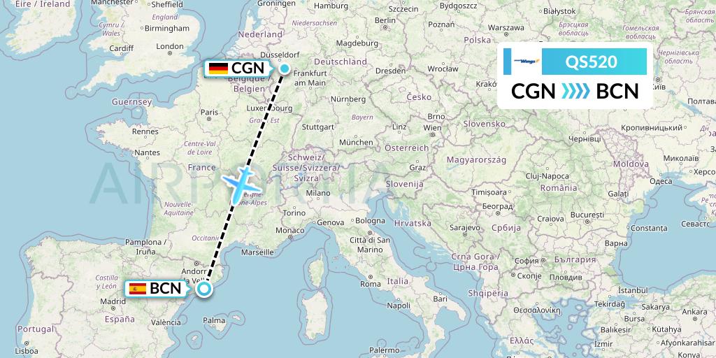 QS520 Smartwings Flight Map: Cologne to Barcelona