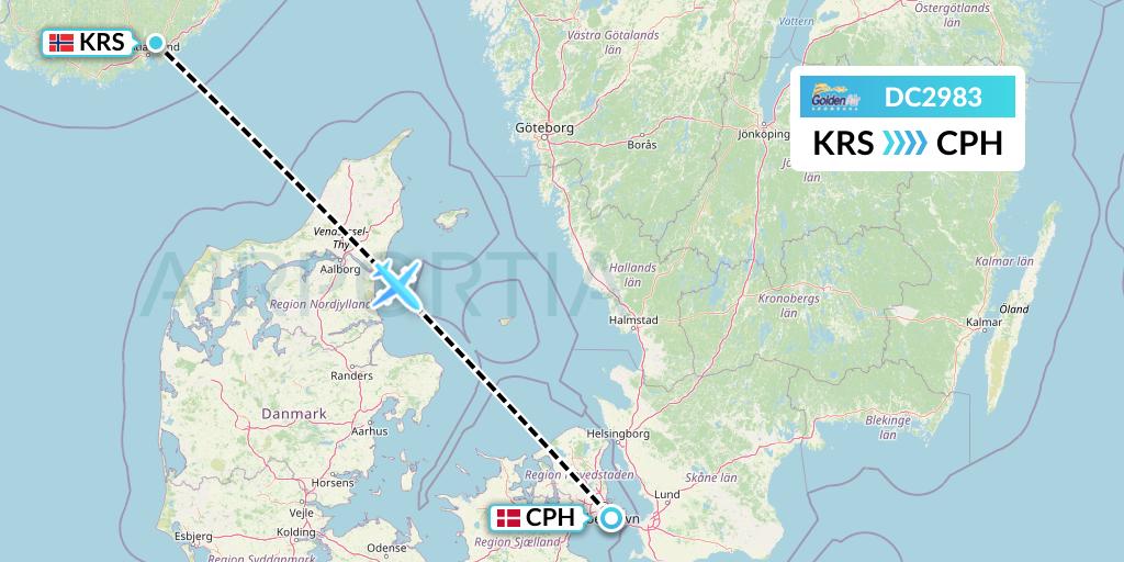 DC2983 Braathens Regional Flight Map: Kristiansand to Copenhagen