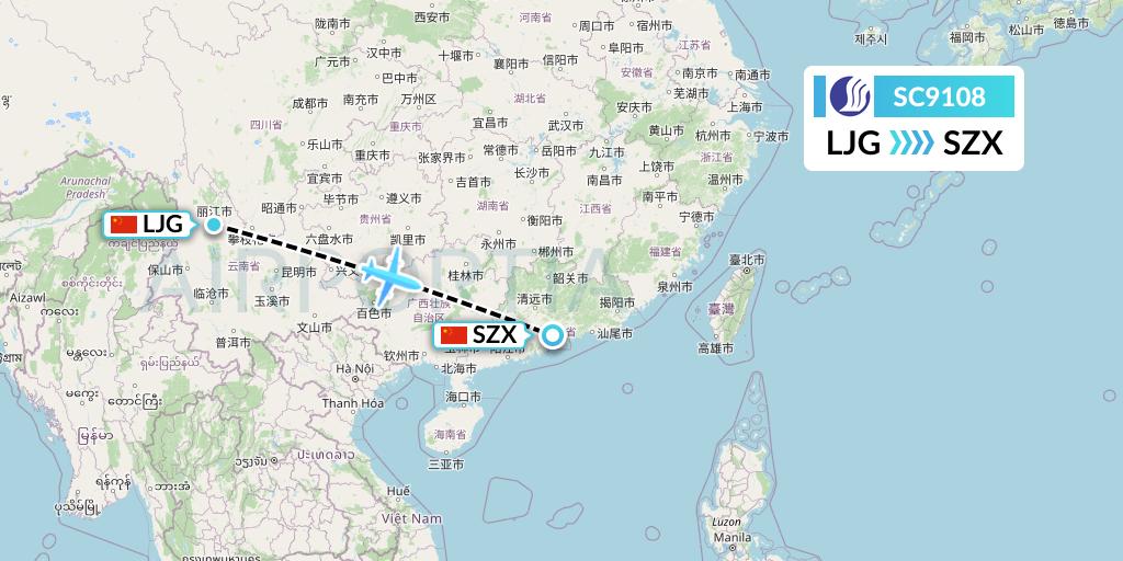 SC9108 Shandong Airlines Flight Map: Lijiang to Shenzhen