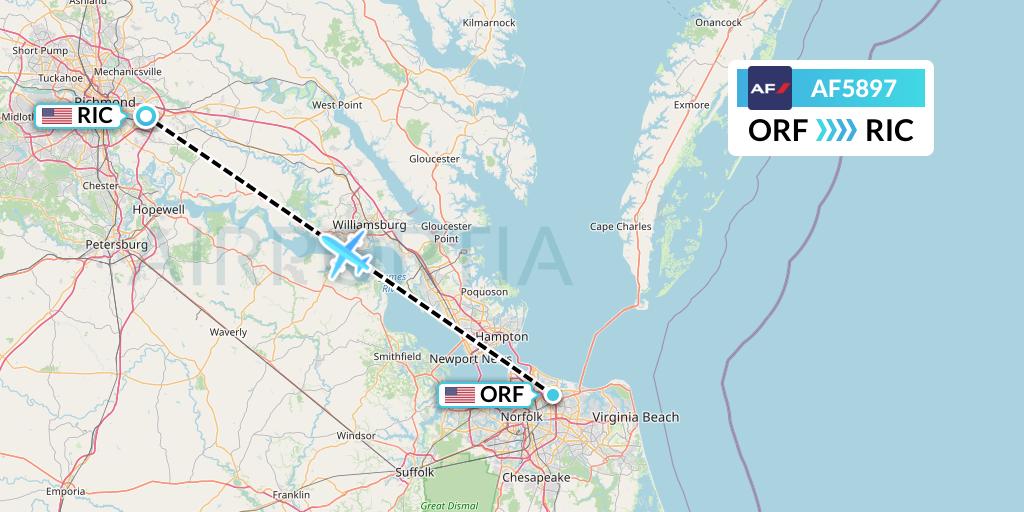 AF5897 Air France Flight Map: Norfolk to Richmond