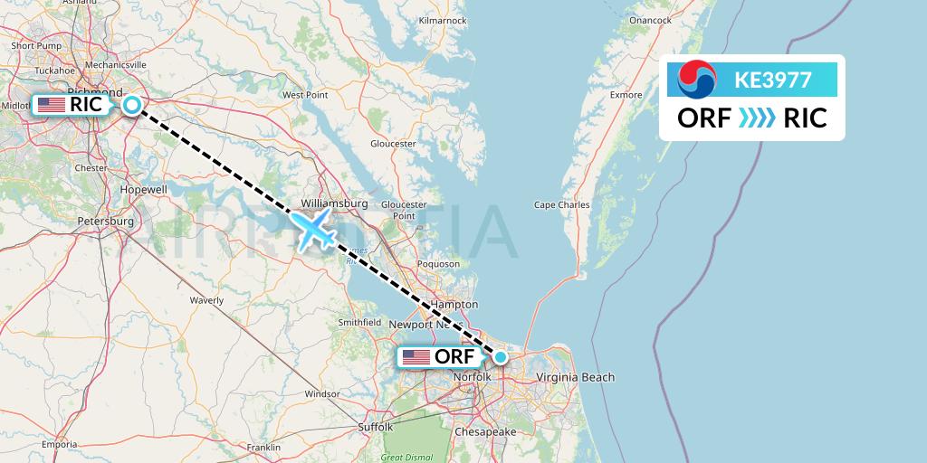 KE3977 Korean Air Flight Map: Norfolk to Richmond