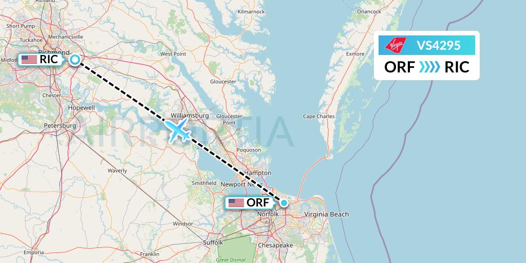 VS4295 Virgin Atlantic Airways Flight Map: Norfolk to Richmond