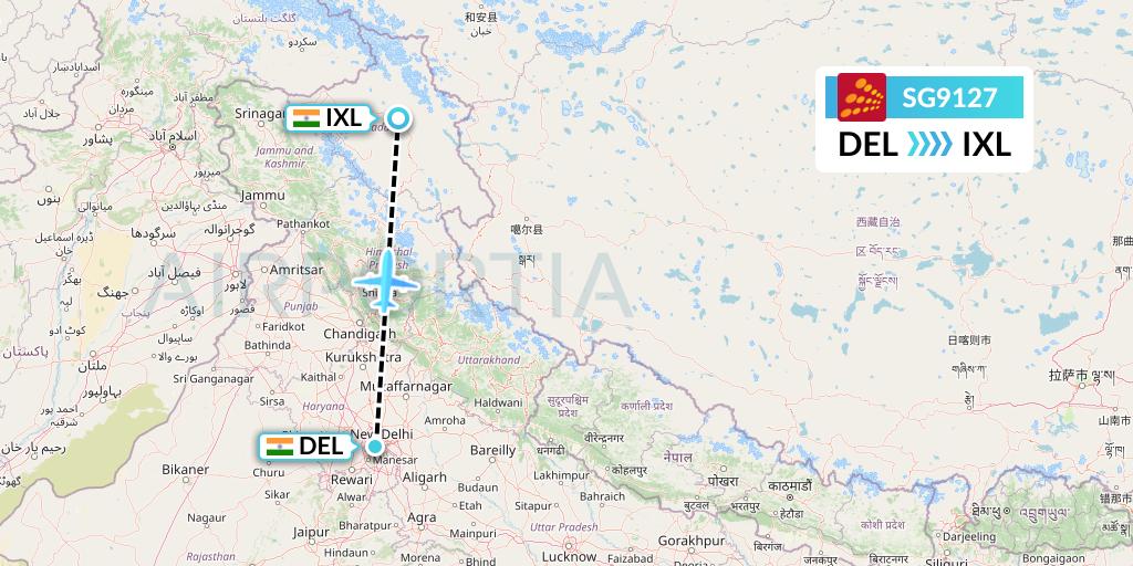 SG9127 SpiceJet Flight Map: Delhi to Leh
