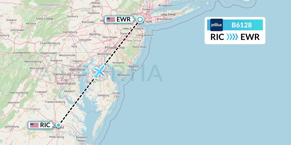 B6128 JetBlue Airways Flight Map: Richmond to New York