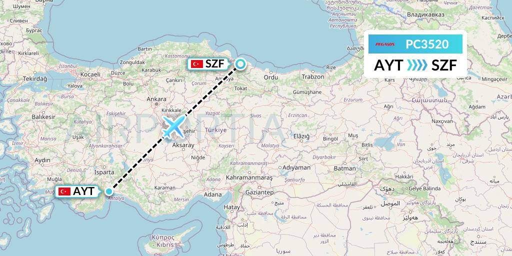 PC3520 Pegasus Airlines Flight Map: Antalya to Samsun