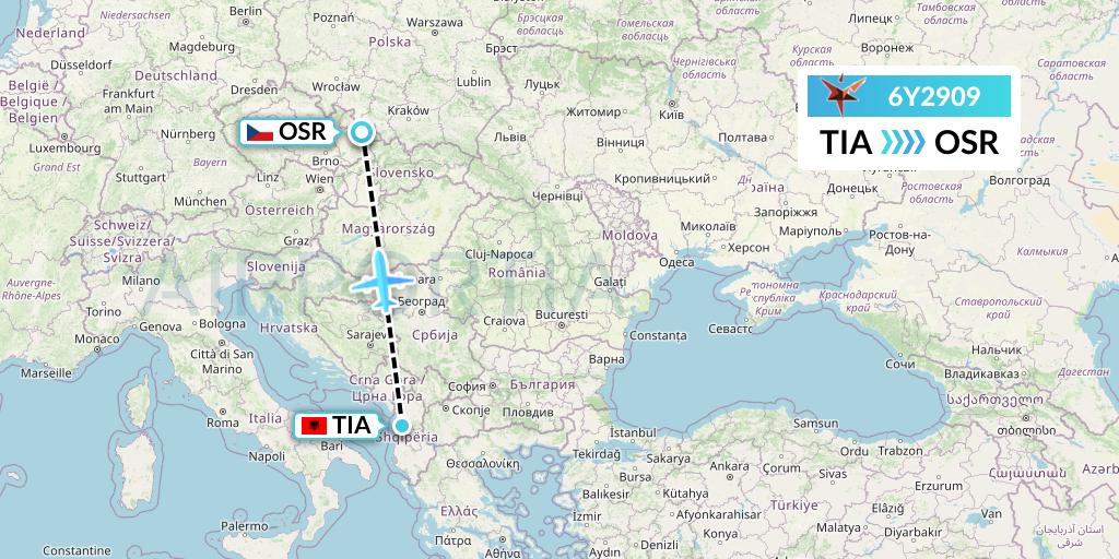6Y2909 SmartLynx Flight Map: Tirana to Ostrava
