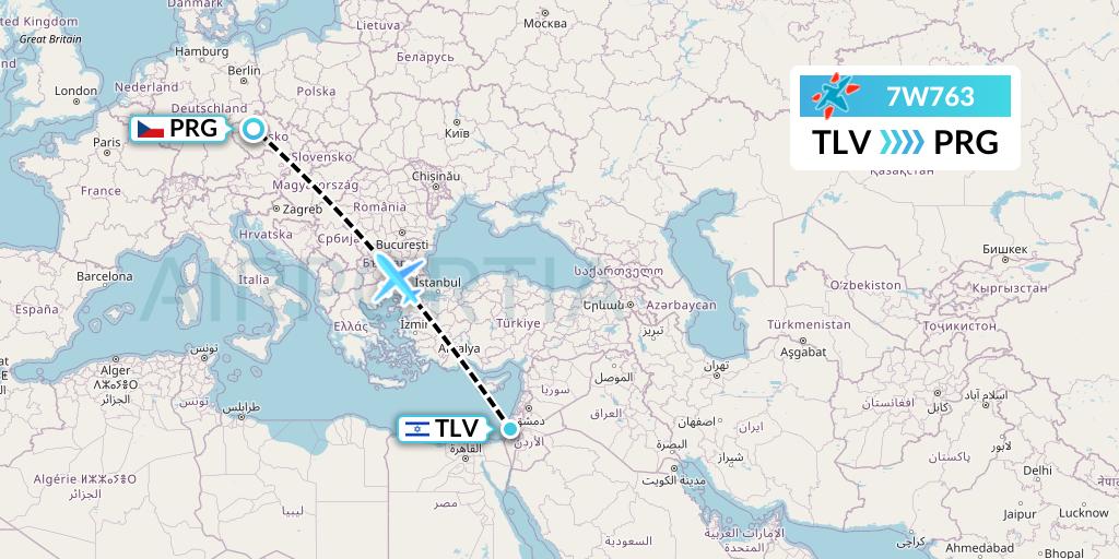 7W763 Windrose Airlines Flight Map: Tel Aviv to Prague