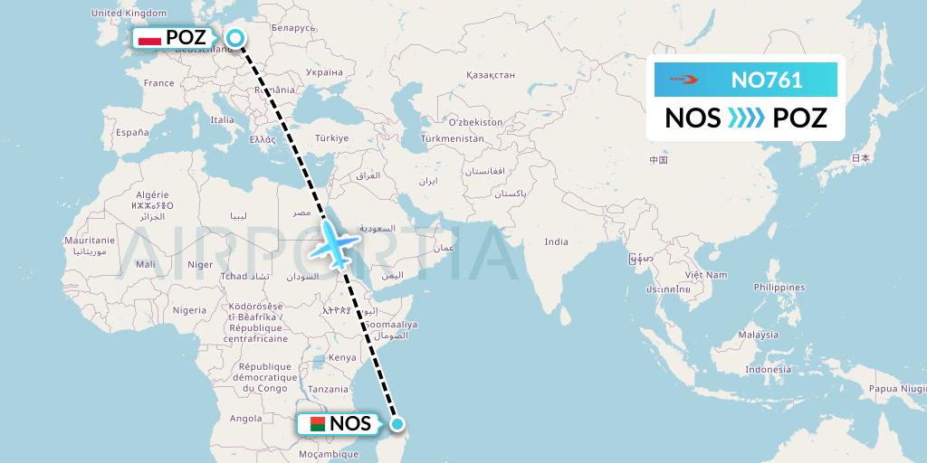 NO761 Neos Flight Map: Nosy Be to Poznan