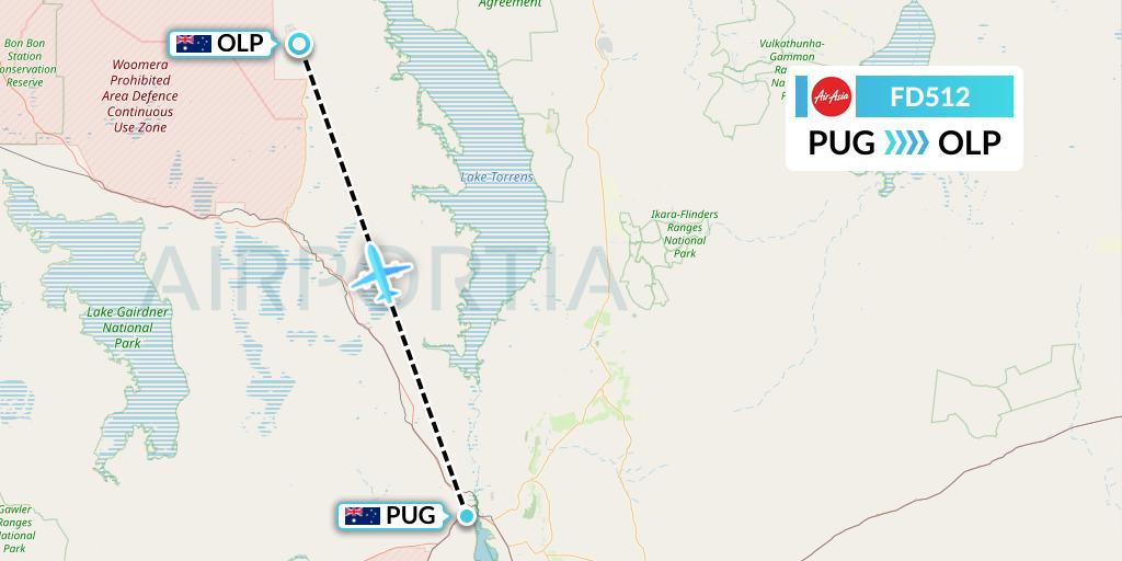 FD512 Thai AirAsia Flight Map: Port Augusta to Olympic Dam