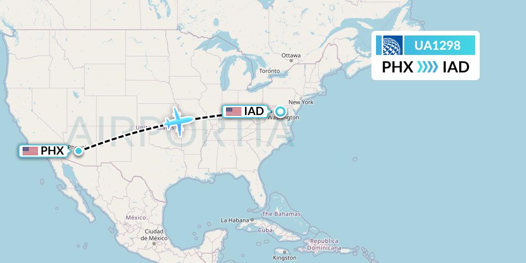 UA1298 United Airlines Flight Map: Phoenix to Washington