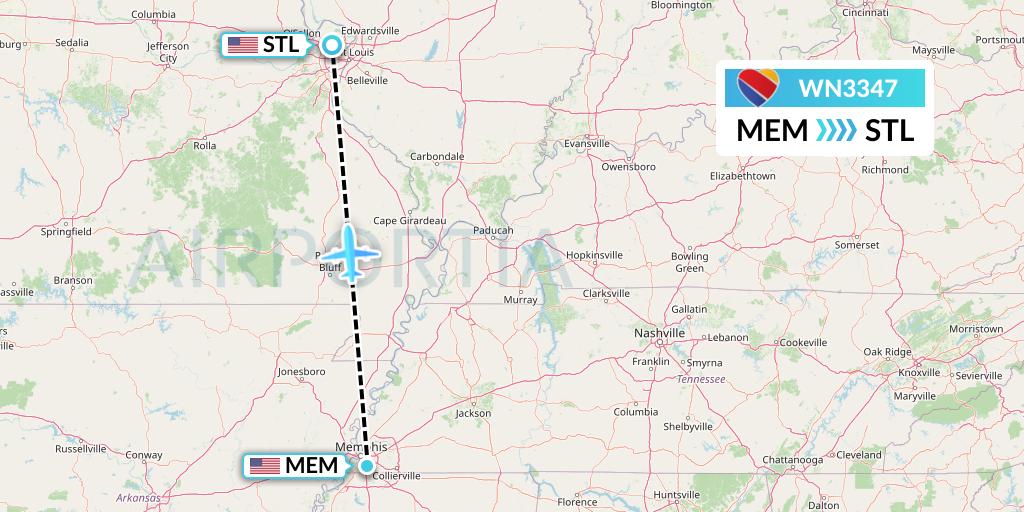 WN3347 Southwest Airlines Flight Map: Memphis to St. Louis