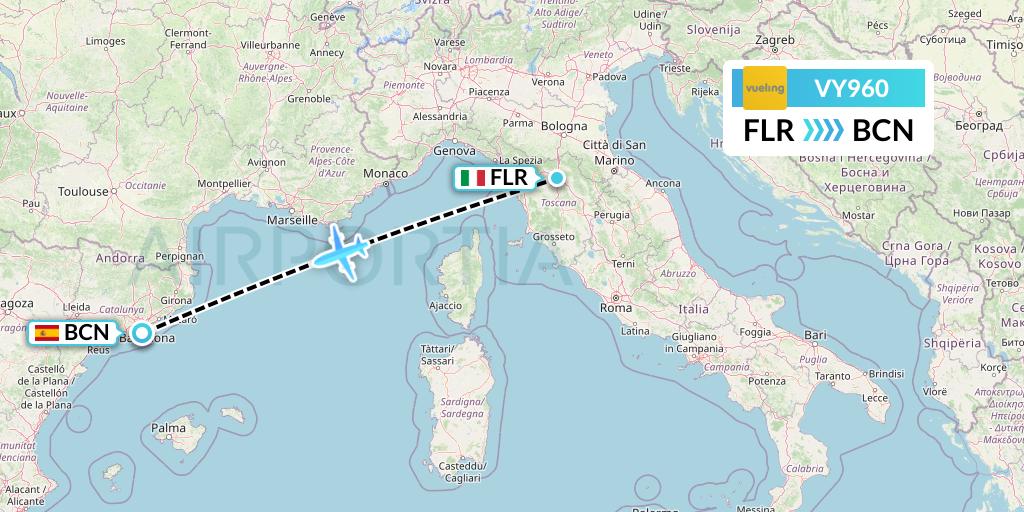 VY960 Vueling Flight Map: Florence to Barcelona