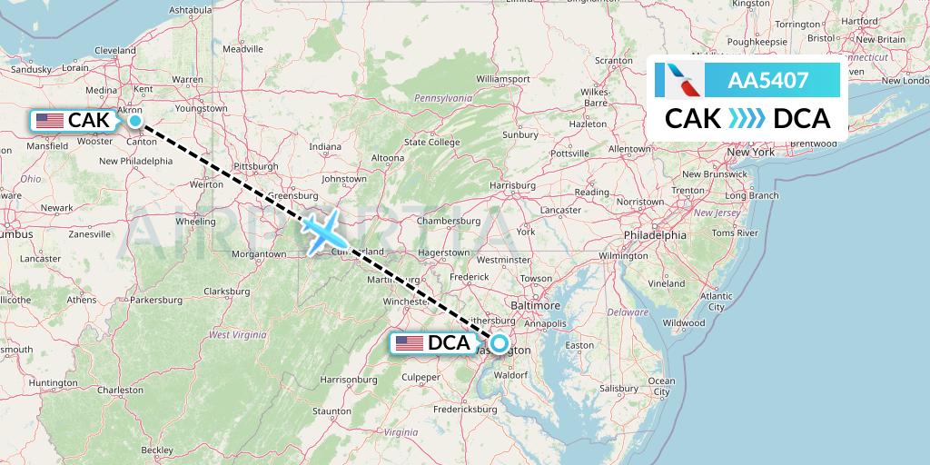AA5407 American Airlines Flight Map: Akron to Washington