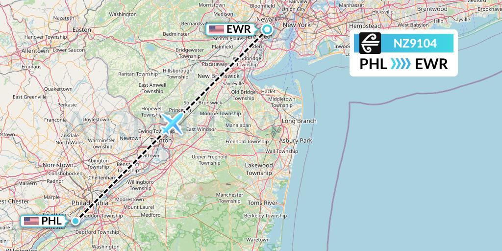 NZ9104 Air New Zealand Flight Map: Philadelphia to New York