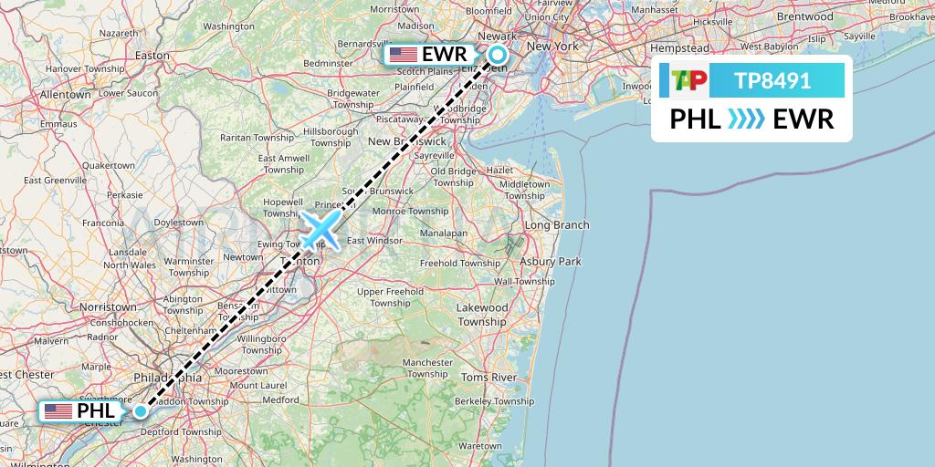 TP8491 TAP Portugal Flight Map: Philadelphia to New York