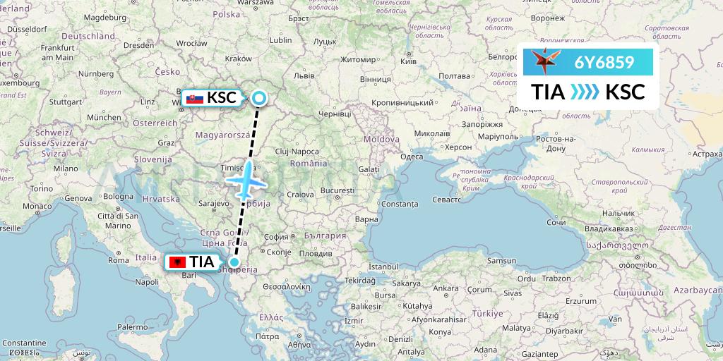 6Y6859 SmartLynx Flight Map: Tirana to Kosice