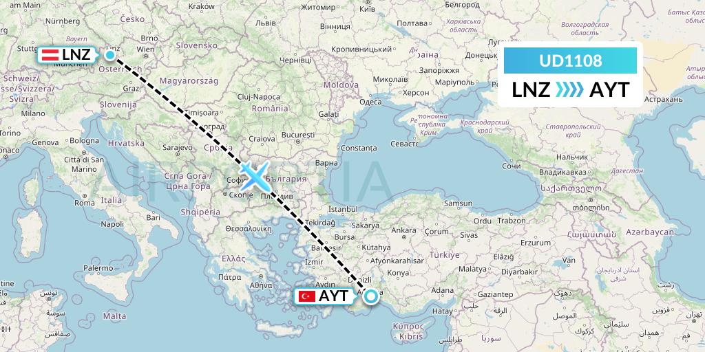 UD1108 UR Airlines Flight Map: Linz to Antalya