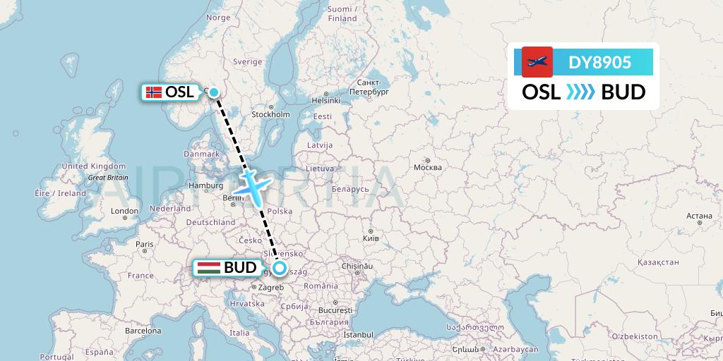 DY8905 Norwegian Flight Map: Oslo to Budapest