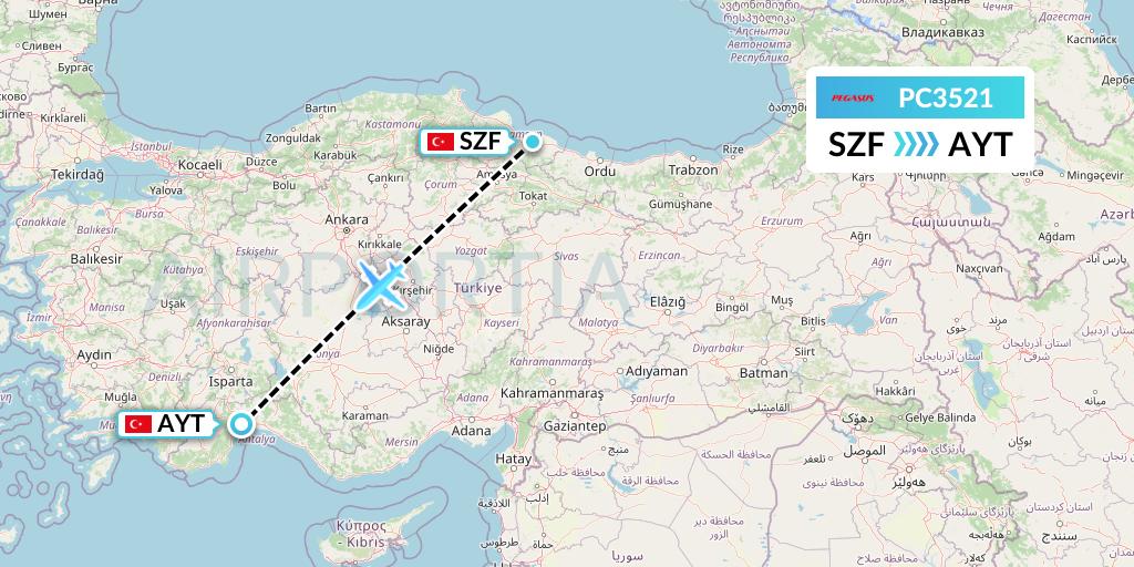 PC3521 Pegasus Airlines Flight Map: Samsun to Antalya