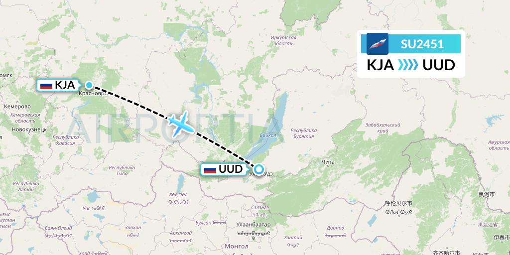 SU2451 Aeroflot Flight Map: Krasnoyarsk to Ulan-Ude