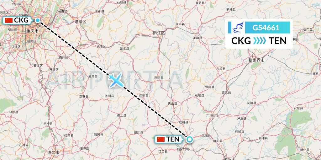 G54661 China Express Airlines Flight Map: Chongqing to Tongren