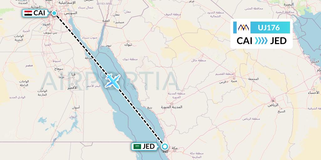 UJ176 AlMasria Universal Airlines Flight Map: Cairo to Jeddah